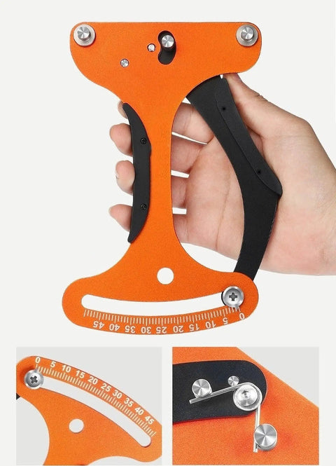 Close-up of orange Bike Spoke Tension Meter And Spoke Wrench Kit For Road And Mountain Bikes, Aluminum Alloy Wheel Tool in hand.