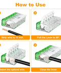 Solid Choice Tool Free Lever Wire Nuts Fifty Piece Compact Splicing Connector Assortment With Rugged Case Includes Two Three Five Port Terminals Awg Electrical Projects No Sweat Connection, step-by-step usage guide with lever mechanism.