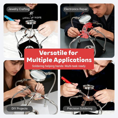 Soldering Station Kit With Helping Hands, 4 Adjustable Arms, Magnifying Glass, And Third Hand Tool used for electronics repair.