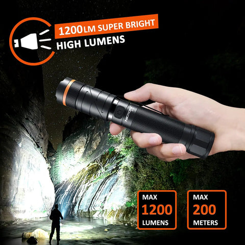 Person holding Rechargeable Magnetic LED Flashlight With 1200 Lumens, 90 Degree Twist Head, USB Direct Charging in a cave.