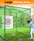 Heavy Duty Golf Driving Cage With 1 Inch Steel Frame For Backyard Garage And Indoor Simulator Noise Reduction Design 10x10x10 Ft Open Bottom Hitting Net With High Density Tear Resistant Netting, backyard setup with golfer swinging.