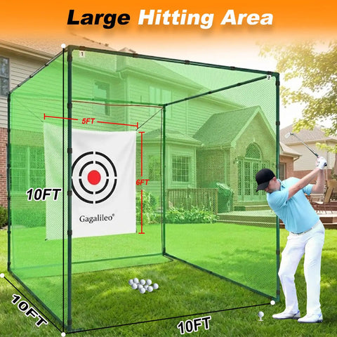 Heavy Duty Golf Driving Cage With 1 Inch Steel Frame For Backyard Garage And Indoor Simulator Noise Reduction Design 10x10x10 Ft Open Bottom Hitting Net With High Density Tear Resistant Netting, backyard setup with golfer swinging.