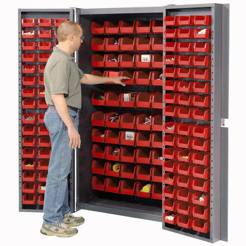 Top Tier Deep Door Bin Cabinet Loaded With 156 Red Plastic Storage Totes For Shop Organization Heavy Duty Polypropylene Containers Secure Lock Hasp Built Different, man accessing organized totes.