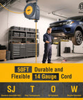 Mechanic using 50 Ft Retractable Extension Cord Reel With 14 Gauge SJTOW Cable 13 Amp Breaker in a garage workshop