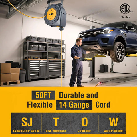 Mechanic using 50 Ft Retractable Extension Cord Reel With 14 Gauge SJTOW Cable 13 Amp Breaker in a garage workshop