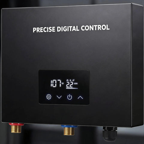 Heavy Duty 27Kw Tankless Water Heater Pumps Out Instant Whole Home Hot Water With Smart Self Regulating Tech Shower To Sink Zero Wait All Day Long Operation Setup with digital display and plumbing connections.