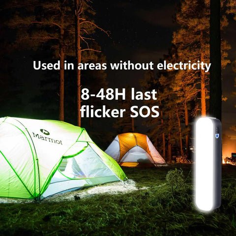 Camping scene with Rechargeable LED Magnetic Work Light Bar With 5500mAh Battery And 6500K Daylight, USB-C Rechargeable, Solar Compatible.