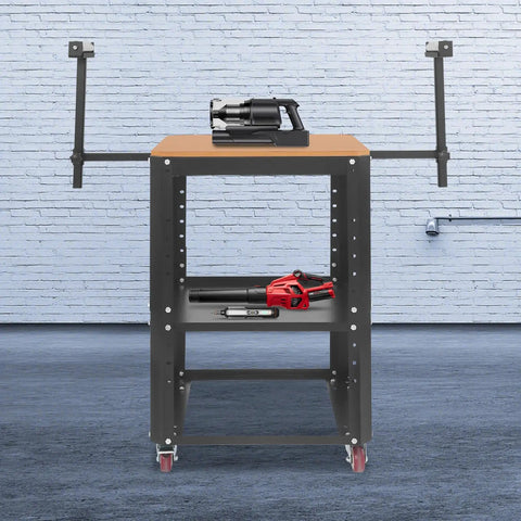 Built Tough Rolling Planer Stand With 550 Lb Capacity Height Adjustable Tool Cart with tools on a stable wooden worktable.