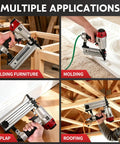 Professional Pneumatic Brad Nailer 18 Gauge Air Powered Nail Gun For Woodworking Trim Assembly Heavy Duty No Sweat Finish Tool Nailed It Contractor Diy Boss Level Shop Gear in use for building furniture and molding.