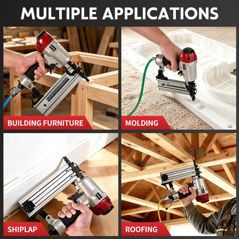 Professional Pneumatic Brad Nailer 18 Gauge Air Powered Nail Gun For Woodworking Trim Assembly Heavy Duty No Sweat Finish Tool Nailed It Contractor Diy Boss Level Shop Gear in use for building furniture and molding.