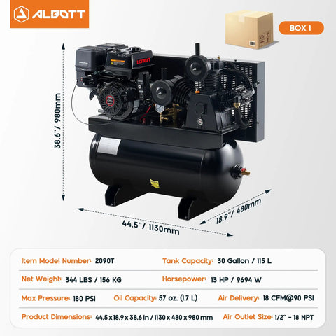 Rugged 13 Horsepower Gas Air Compressor Featuring A Bulletproof 30 Gallon Horizontal Tank with 180 PSI and 18 CFM flow.
