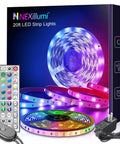 Color Changing LED Strip Lights for Bedroom 100ft With Remote and App Control shown in package with remote and power adapter