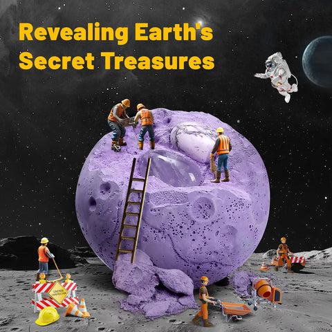 Workers excavating a purple moon surface with tools included in Totally Awesome Gemstones Dig Kit For Kids Real Gem Excavation Adventure.