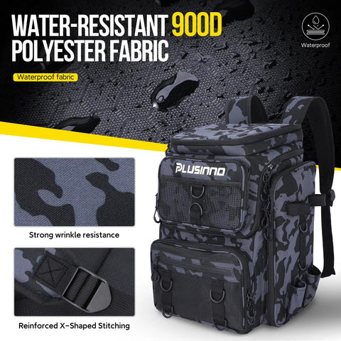 Fishing Backpack With Rod Holders And Tackle Box 42L Water Resistant Gear Organizer in camo pattern showcasing fabric details