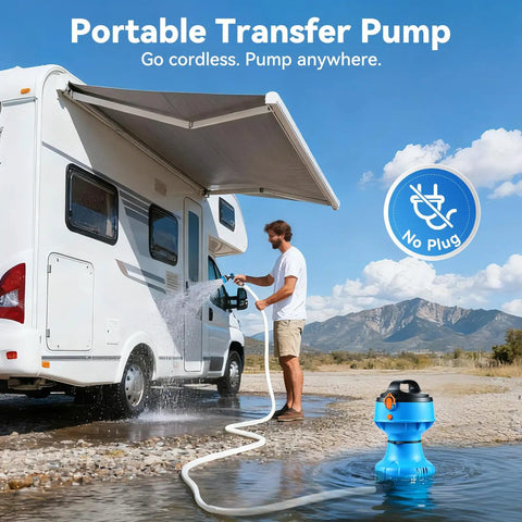 Man using Cordless Water Transfer Pump 750 GPH With 30 Foot Lift Powerful Submersible Pump With 21V Dual 4000mAh Batteries And Charger.