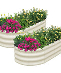Two Piece Galvanized Raised Garden Bed Set For Outdoor Use With No Fuss Oval Metal Planter Boxes 4x2x1 Ft White Finish Great For Vegetables Herbs And Flowers Eco Friendly Coatings filled with colorful flowers and plants