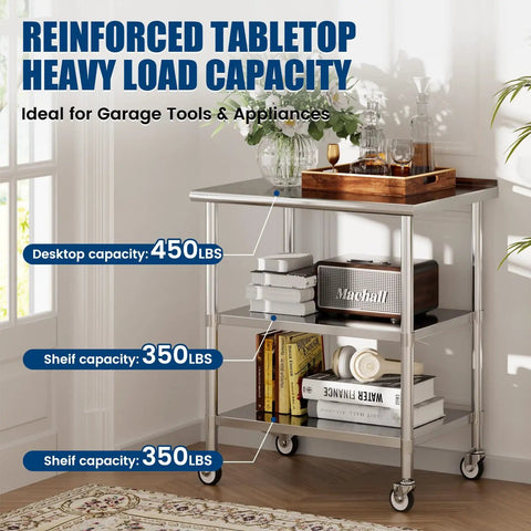 Stainless Steel Prep Table On Wheels 36x24 Inch NSF Food Prep Station With Backsplash And 2 Adjustable Undershelves, shown in a kitchen setting.