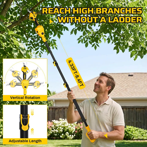 Cordless Electric Pruning Shears For DeWalt 20V Max Systems, adjustable telescoping pole reaching high branches.