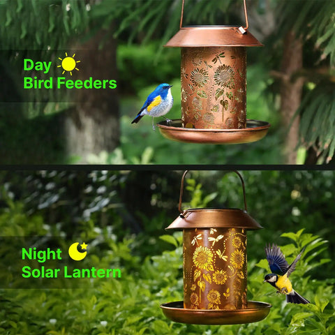 Outdoor Hanging Bird Feeder With Solar Lantern Light Metal Wild Bird Feeder For Gardens And Yard Vibes Waterproof Summer Decor