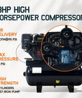 Rugged 13 Horsepower Gas Air Compressor Featuring A Bulletproof 30 Gallon Horizontal Tank That Pushes 180 Psi And Delivers 18 Cfm close-up of cast iron pump and pressure gauge.