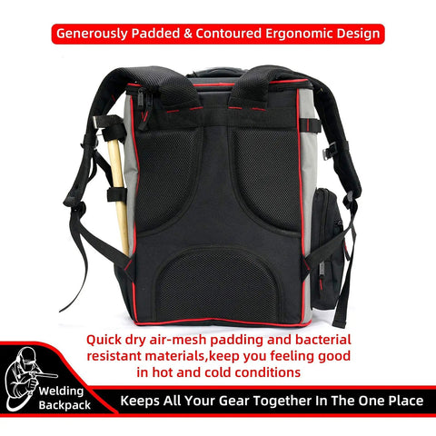 Back view of heavy duty welding tool backpack with helmet catch and lunch box, ergonomic design, black and red, 18.5 x 15 x 7.5 in