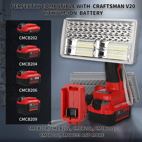 4200LM LED Work Light For Craftsman 20V Battery with battery compatibility details and various battery models shown