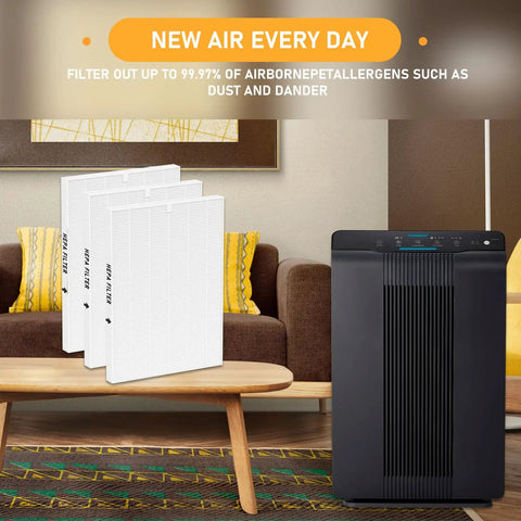 True HEPA Replacement Filter H 116130 for 5500-2 Air Purifier AM80 3 Pack next to air purifier in living room