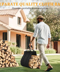 Man carrying 24 Inch Indoor Firewood Rack with Carrier, Thickened Metal Rustproof Wood Storage Rack for easy transport outdoors