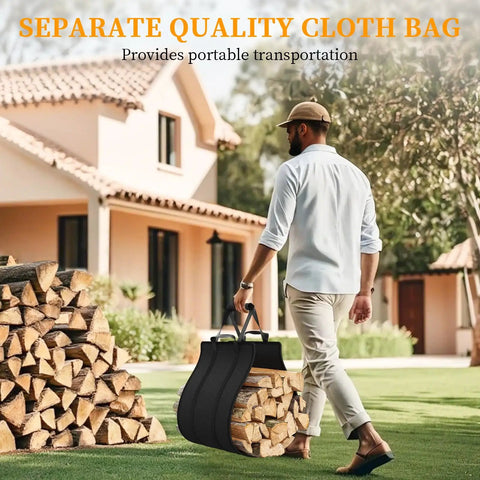Man carrying 24 Inch Indoor Firewood Rack with Carrier, Thickened Metal Rustproof Wood Storage Rack for easy transport outdoors