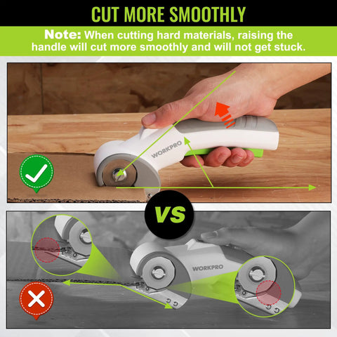 WorkPro Cordless Electric Scissors Rechargeable Power Rotary Cutter For Fabric Leather Metal Paper And Carpet cutting technique comparison image.