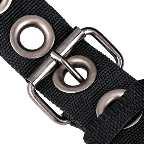 Close-up of black nylon strap and metal buckle detail on Ballistic Tool Belt With Suspenders.