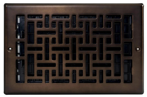 Oriental Style Wall And Ceiling Register 6x10 Inches Rubbed Bronze Finish Steel Plated Grille with decorative pattern.
