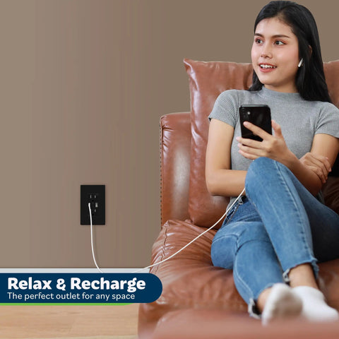 Upgraded 2 Pack USB Wall Outlet Charger 3.6A Total 5V USB Ports 15A Duplex Tamper Resistant Receptacles UL Listed in wall with charger.