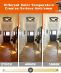2 Pack Farmhouse Retro Ceiling Light Fixtures With E26 Base Dope Anti Corrosion Wood Grain Look Black Flush Mount Ceiling Lights For Hallway Kitchen Entryway Porch Living Room, showing different color temperatures (2700K, 4000K, 5000K) in hallway.