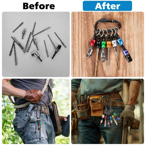 Before and after of Durable Aluminum Bit Holders for organization, showing keychain extension bar use on belts.