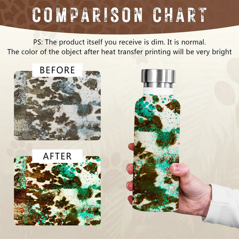 Comparison chart illustrating effect of Cow Print Sublimation Transfer Paper Pack For DIY Crafters, 10 Sheets 12x10 Inches on a tumbler.