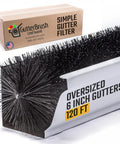 5.25-Inch Gutter Guard Brush Inserts Kit, 120 Feet Of DIY Leaf Filter For 6-Inch Oversize Gutters, shown with packaging and gutter.