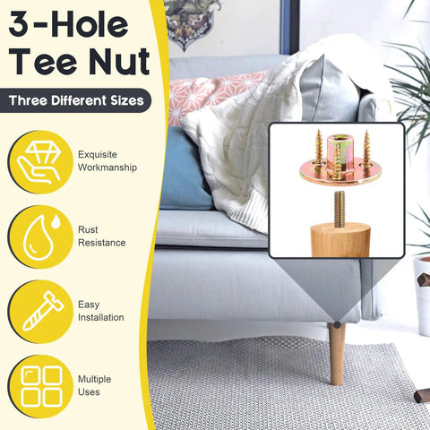 Rock Solid M6 Brad Hole Tee Nuts And Screws Kit 64 Piece Zinc Plated Carbon Steel screwing into wood furniture leg.
