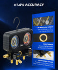 All In One AC Manifold Gauge Set With Five Foot Hoses For R1234YF R404A And R134A Three Way System For Quick A C Service With Self Sealing Can Taps And Quick Couplers, dual gauges