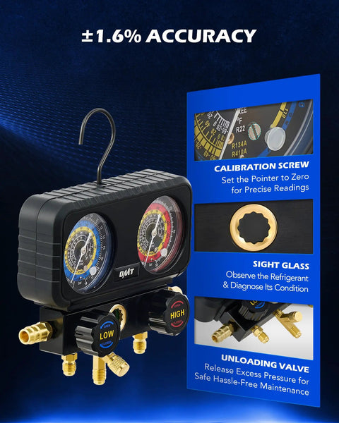 All In One AC Manifold Gauge Set With Five Foot Hoses For R1234YF R404A And R134A Three Way System For Quick A C Service With Self Sealing Can Taps And Quick Couplers, dual gauges