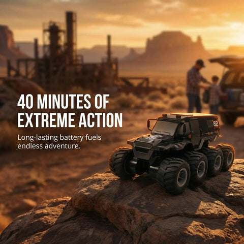 Amphibious One Twelfth Scale 8WD Remote Control Monster Truck on rocky terrain with sunset in background