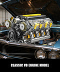 Classic V8 engine model kit that runs with visible parts under car hood, gearhead friendly STEM toy 14 and up, compatible with Lego.