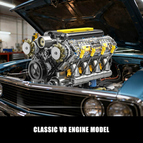 Classic V8 engine model kit that runs with visible parts under car hood, gearhead friendly STEM toy 14 and up, compatible with Lego.
