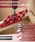 Precision Center Finder Dowel Drill Guide With Self Centering Interchangeable Rods Aluminum Alloy positioner tool in use on wood.