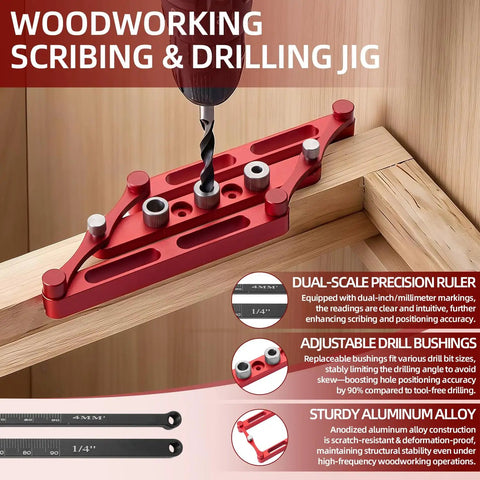Precision Center Finder Dowel Drill Guide With Self Centering Interchangeable Rods Aluminum Alloy positioner tool in use on wood.