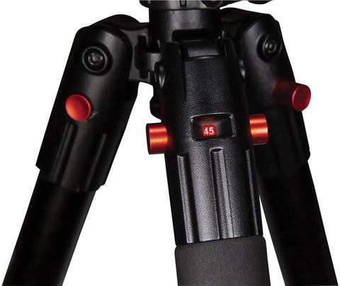 Close-up of DeathGrip Aluminum Tripod adjustable leg mechanism and clamping head for precision shots in rugged terrain.