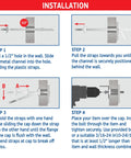 Installation instructions showing steps to mount Heavy Duty Master Toggle-Bolt Strap Anchors Three Sixteenth Inch with Ten Steel Threaded Studs.