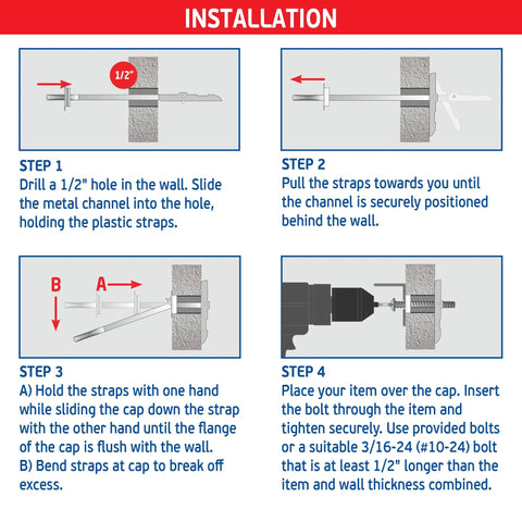 Installation instructions showing steps to mount Heavy Duty Master Toggle-Bolt Strap Anchors Three Sixteenth Inch with Ten Steel Threaded Studs.