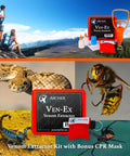 Ven Ex Snake Bite Kit And Bee Sting Kit with venom extractor, tourniquet, CPR face shield, and hiking scenery in background