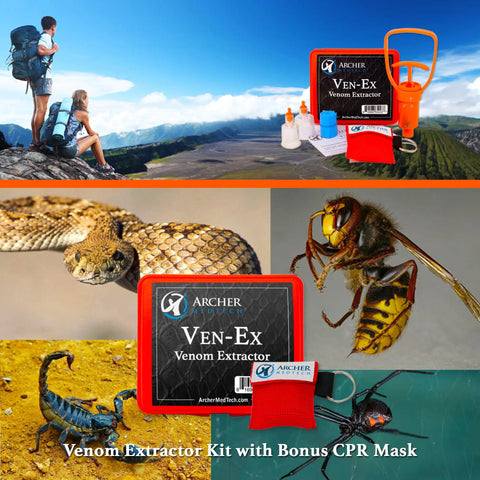 Ven Ex Snake Bite Kit And Bee Sting Kit with venom extractor, tourniquet, CPR face shield, and hiking scenery in background
